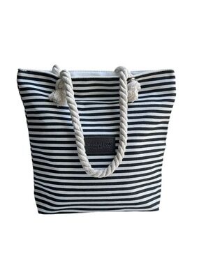 Threaded Pear Black & White Striped Tote Bag‎ with Rope Handles